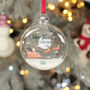 Personalised Santa's Flight Baby's 1st Christmas Glitter Glass Bauble, thumbnail 3 of 5