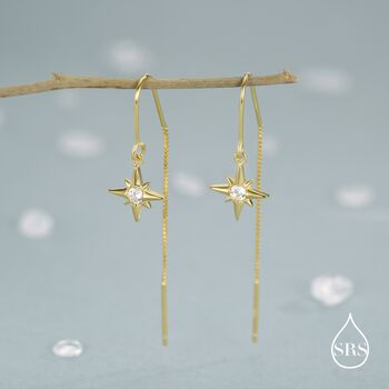 Sterling Silver Cz Starburst U Shape Threader Earrings, 6 of 11