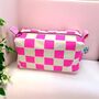 Handprinted Boxy Pouch Pink Checkered Pattern On Natural Canvas, thumbnail 1 of 4