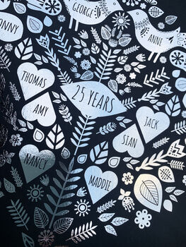 25th Silver Wedding Anniversary Foil Family Tree Print, 4 of 8