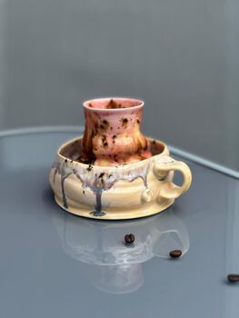 Handmade Porcelain Espresso Cup And Saucer Blush Pink And Cream With Drip Glaze, 6 of 6