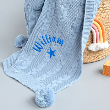 Personalised Dusty Blue Knitted Blanket, 2 of 7