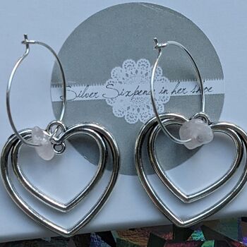 Silver Hoop Rose Quartz Heart Earrings, 4 of 4