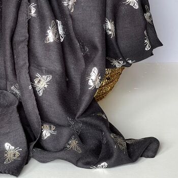 Silver Metallic Bees Scarf In Black, 3 of 3