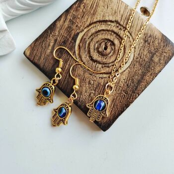 Hamsa Evil Eye Hand Drop Necklace And Earrings, 8 of 11