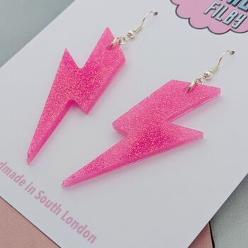 Neon Pink Glitter Lightning Bolt Earrings Small And Large, 5 of 10