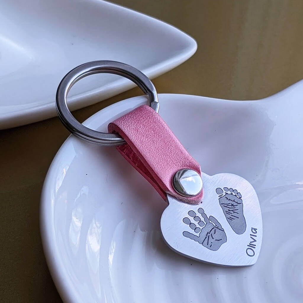 Image of Handprint And Footprint Leather And Steel Heart Keyring