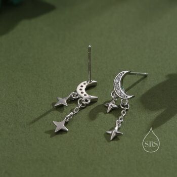 Moon And Dangling Star Stud Earrings In Sterling Silver, 8 of 11