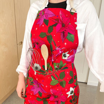 Christmas Poinsettia Cotton Apron With Front Pocket, 4 of 12