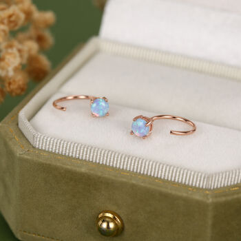 Blue Opal 4mm Open Huggie Hoop Earrings In Sterling Silver, 7 of 12