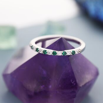 Sterling Silver Emerald Green And Clear Cz Half Eternity Ring, 3 of 12