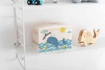 Personalised Wooden Whale Money Pot Piggy Bank, 2 of 6