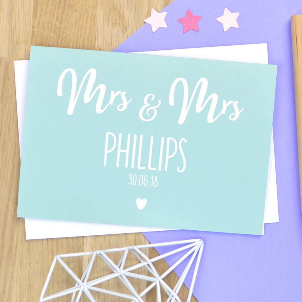 personalised mrs and mrs wedding card by pink and turquoise