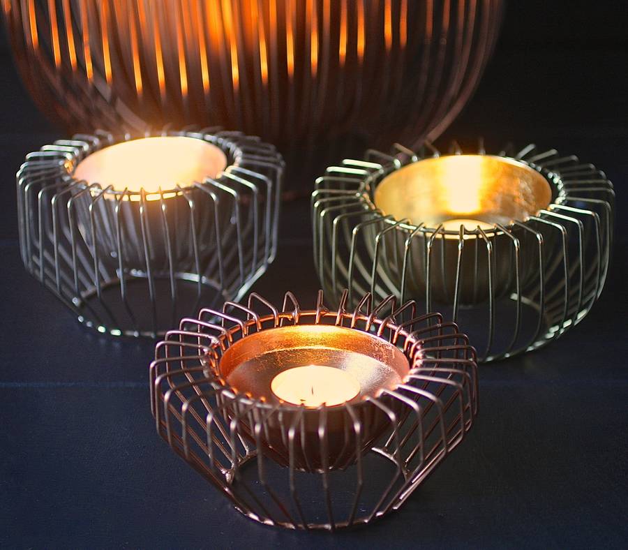 Three Wire Tealight Holders In Gold Copper And Steel By London Garden