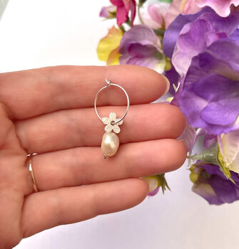 Sterling Silver Flower And Pearl Drop Hoop Earrings, 7 of 10