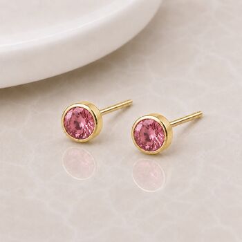 Gold Plated Sterling Silver October Tourmaline Birthstone Stud Earrings, 2 of 4