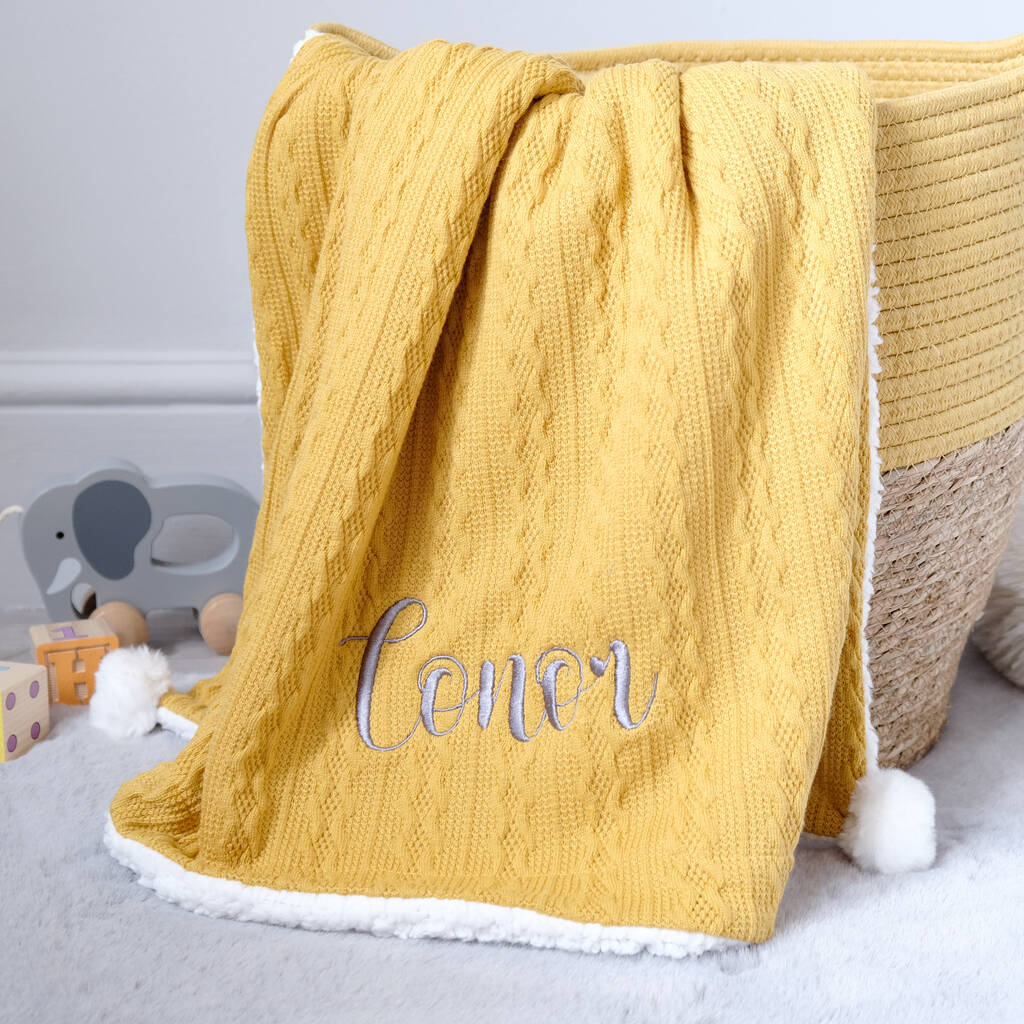 Personalised Knitted Mustard Baby Blanket By DCARO