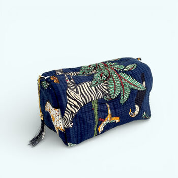 Jungle Print Cotton Washbag, Make Up Bag, With Waterproof Lining Set Of Three Navy Blue, 4 of 5