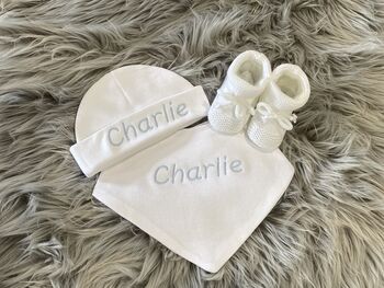 Baby Pink Embroidered Newborn Hat And Booties Gift Set, 6 of 8