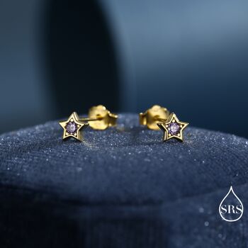 Tiny Amethyst Purple Cz Star Stud Earrings In Sterling Silver, 6 of 12