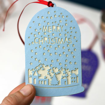 Set Of Five Assorted Papercut Snowglobe Gift Tags, 3 of 4