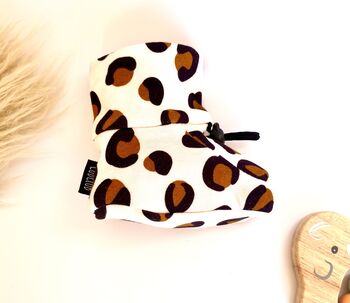 Beige Leopard Print Organic Cotton Drawstring Baby Boot, 7 of 9