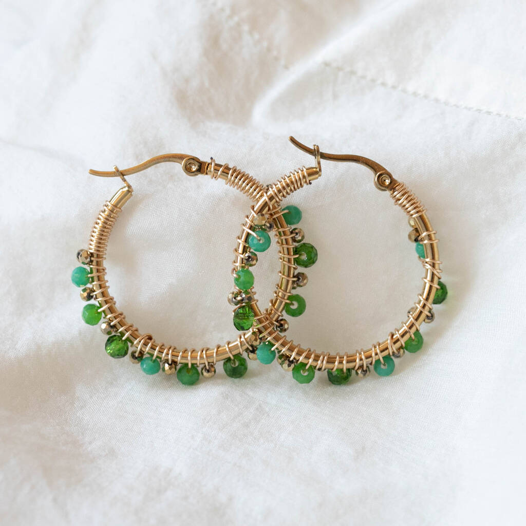 Green Finely Beaded Hoop Earrings By Twilight London