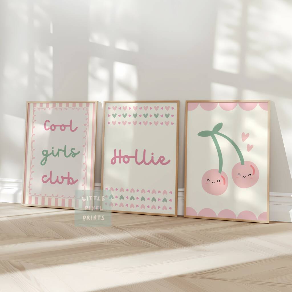 Personalised Girls Bedroom Print Set With Cute Cherry Design, 1 of 5