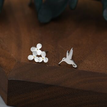 Sterling Silver Mismatched Hummingbird And Hydrangea Flower Stud Earrings, 2 of 10