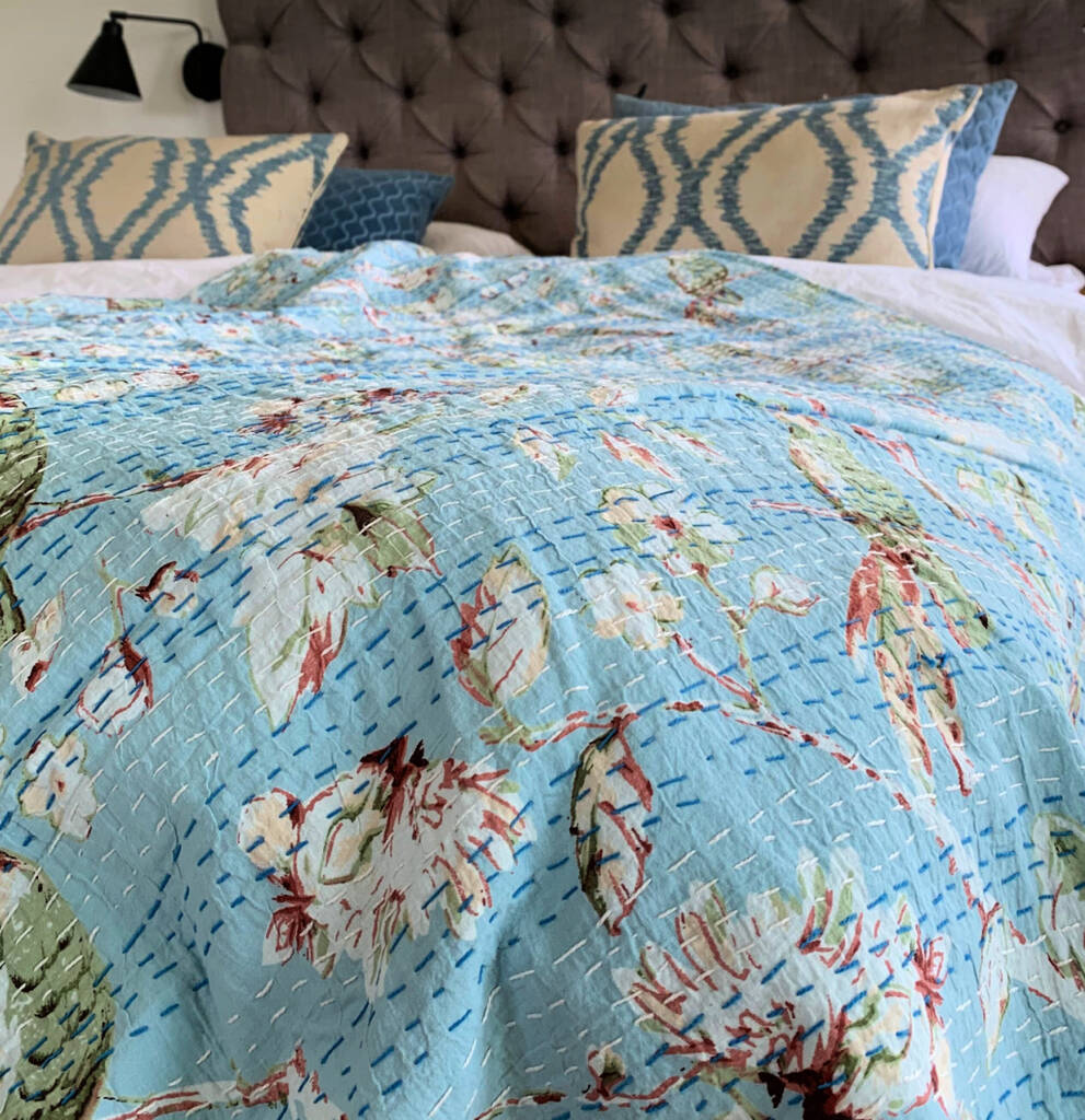 Floral Blue Kantha Quilt | Indian Throw | 150 X 230cm, 1 of 5