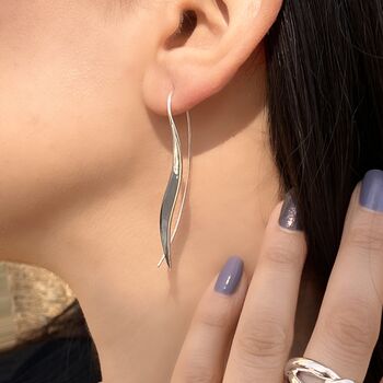 Sterling Silver Hammered Long Wave Drop Earrings, 2 of 6