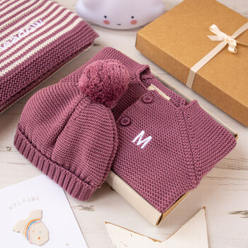 Luxury Dawn Pink Bobble Hat And Cardigan Baby Gift Box, 5 of 10