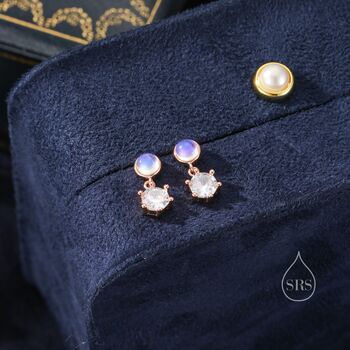 Sterling Silver Moonstone And Cz Dangle Stud Earrings, 5 of 11