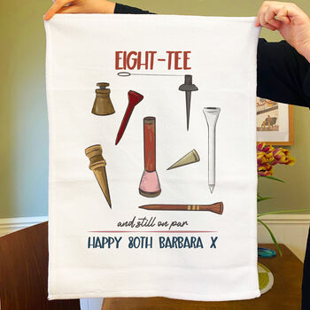 Personalised Eight Tee Tea Towel 80th Birthday Gift For Golfers, 2 of 3