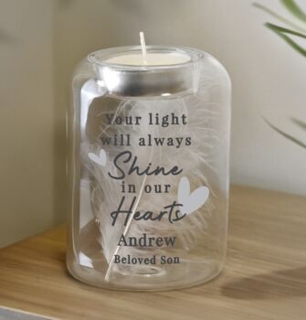 Personalised Glass Memorial Feather Tealight Holder, 2 of 5