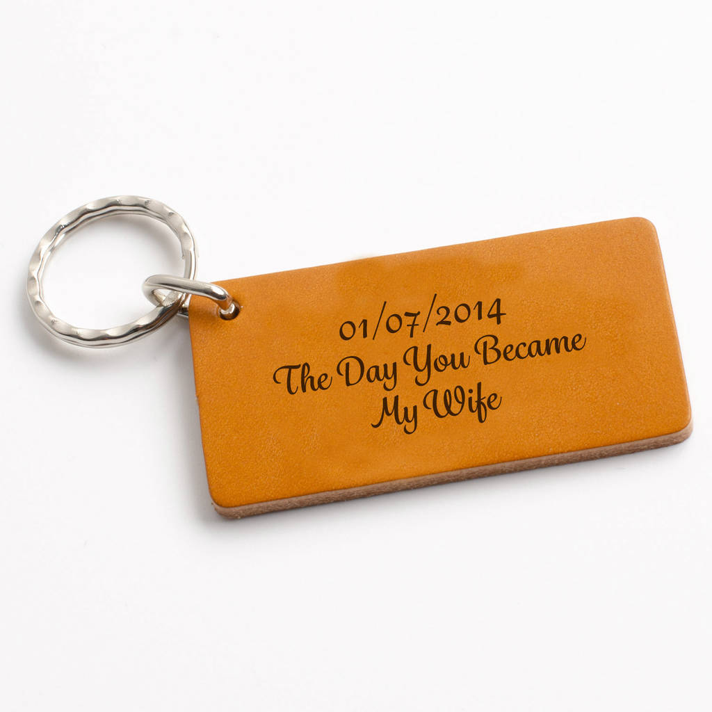 Image of The Day You Became My Wife Anniversary Key Ring, Blue/Pink/Dark Brown