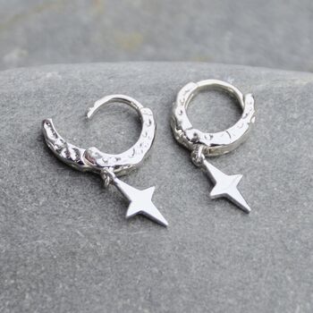 Unisex Sterling Silver Textured Huggie Star Earrings, 2 of 5