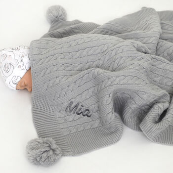 Personalised Cable Knit Pom Pom Blanket Grey, 5 of 8