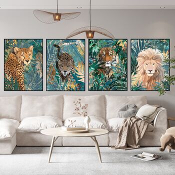Lion In The Gold Green Jungle Leaves Wall Art Print, 2 of 5
