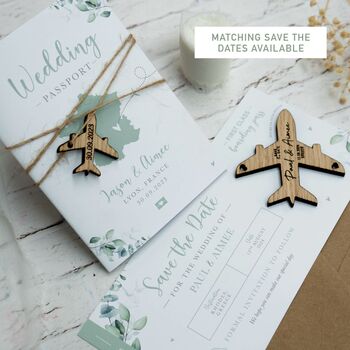 Eucalyptus Floral Sage Green Passport Invitation With Plane Charms For Destination Wedding, 8 of 8