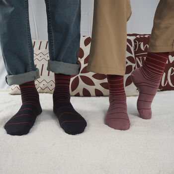 His And Hers Retro Stripe Socks Burgundy And Musk, 6 of 6