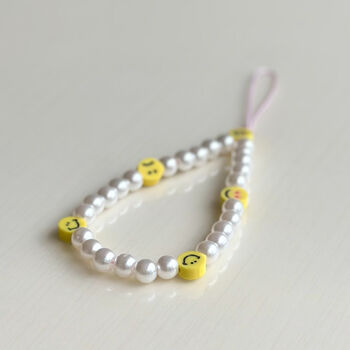 Handmade Pearl Beaded Phone Charm With Smiley Face Charms, 3 of 3