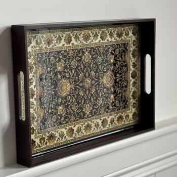 Wood Serving Tray With Handle, Black Floral India Print, 5 of 7