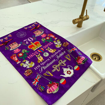 Pre Order Queens Platinum Jubilee Purple Tea Towel, 3 of 5