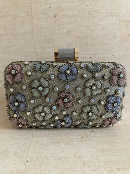 Grey Handcrafted Multicoloured Flower Rectangular Clutch, 6 of 11