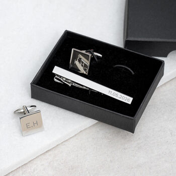 Personalised Silver Plated Tie Clip And Cufflink Set, 9 of 12