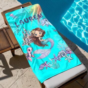 Personalised Mermaid Girl Beach Towel With Name, 2 of 12