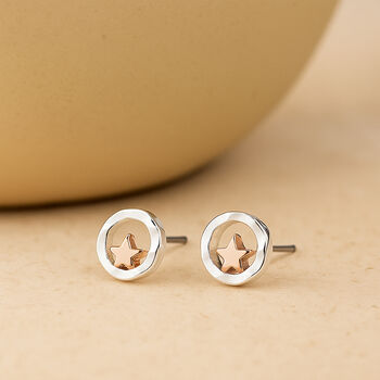 Silver And Rose Gold Plated Halo Star Stud Earrings, 3 of 7