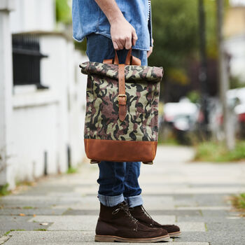 Camo Canvas And Leather Roll Top Backpack, 5 of 6