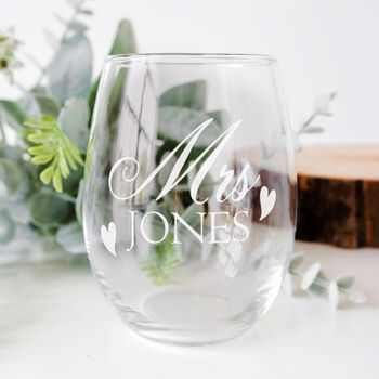 Set Of Two Wedding Love Heart Stemless Wine Glasses, 3 of 7